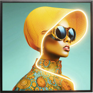 Framed Picture LED Sun Hat Woman Yellow 80x80cm KARE MIAMI