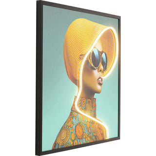 Framed Picture LED Sun Hat Woman Yellow 80x80cm KARE MIAMI