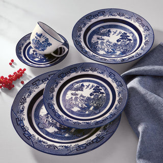 Oxford Flamingo, Blue Willow Porcelain 20 Piece Dinnerware Set, Service for 4 Oxford