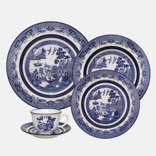 Oxford Flamingo, Blue Willow Porcelain 20 Piece Dinnerware Set, Service for 4 Oxford