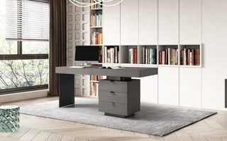 Salma desk in modern office setting, featuring sleek design and storage drawers, perfect for any contemporary space.
