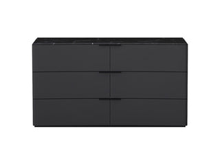 Maximo double dresser in sleek black finish with marble top and four spacious drawers, perfect for modern bedroom decor.