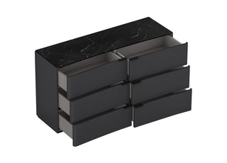 Maximo double dresser featuring sleek black finish and marble top, perfect for modern bedroom storage and organization.