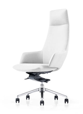 Modern white high back executive office chair with adjustable height and rolling wheels for comfort and style.