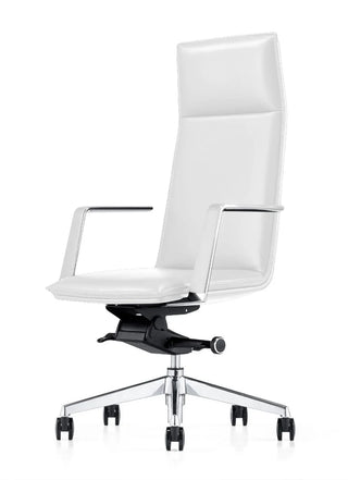 Modern white high back executive office chair with adjustable height and rolling wheels.